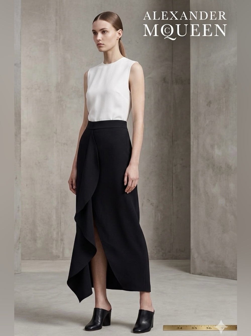 Alexander McQueen Black Draped Asymmetric Maxi Skirt Size M 170/70Y Knit Ruffle